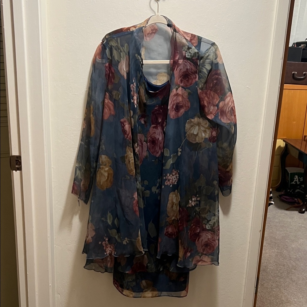 Elegant Floral Long Sleeve Dress with Sheer Overlay